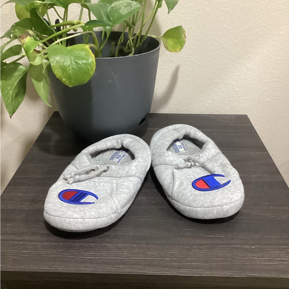 Champion Gray Kids Slippers with Blue and Red Logo